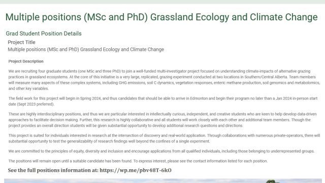 FUNDED: Multiple Positions (MSc and PhD) Grassland Ecology and Climate Change at University of Alberta in Canada