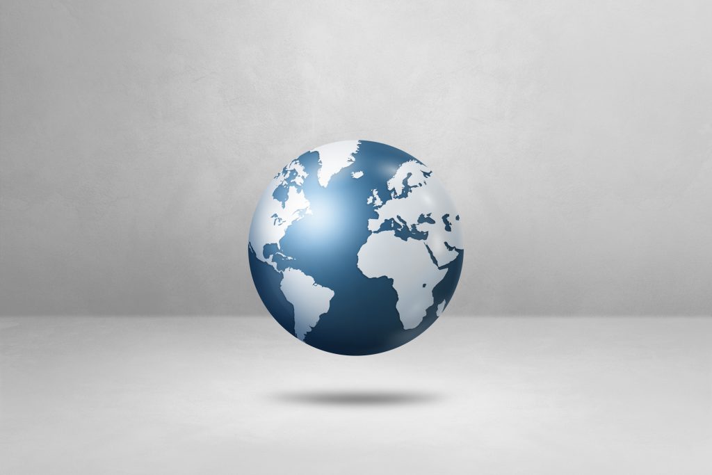 World globe, blue earth map, isolated on white. Horizontal background