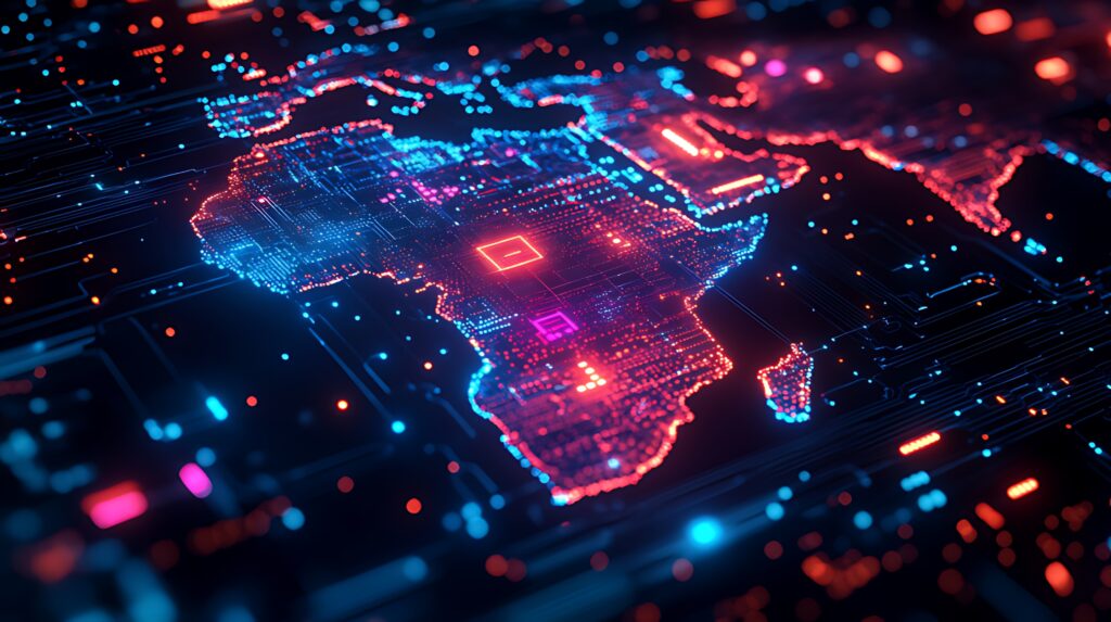 A digital map of the world with Africa highlighted in bright red and blue, representing the continent’s digital connections and technological advancements.