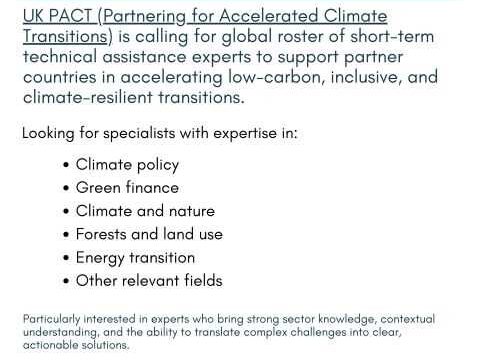 JOB OPPORTUNITIES : UK PACT Global Roster 2026 for Short-Term Climate and Sustainability Experts – Apply now