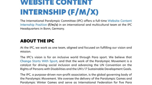 INTERNSHIP POSITION; Apply for Website Content Internship at the International Paralympic Committee (IPC) in Bonn, Germany